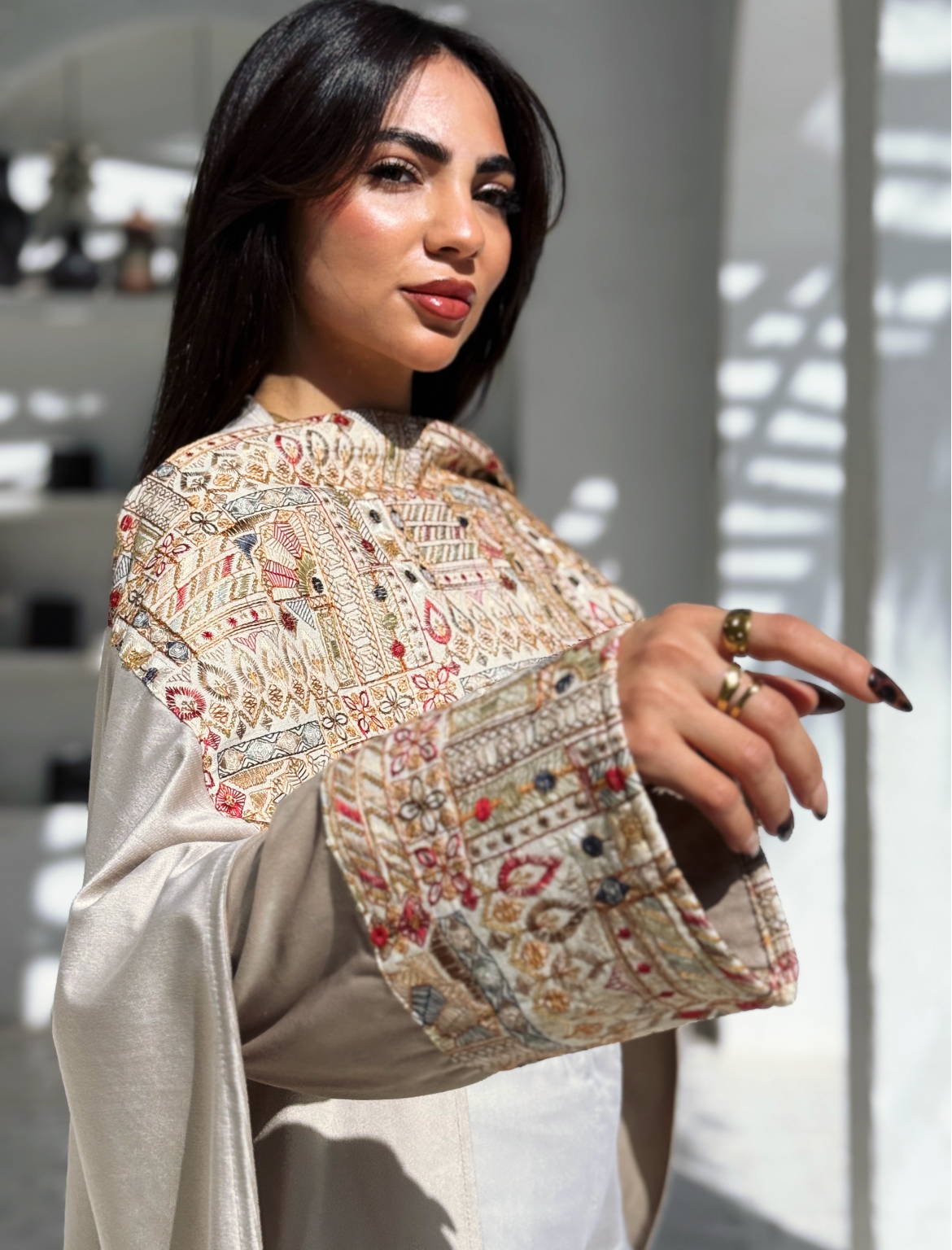 Light beige Elegance Embroided Shawl Kaftan