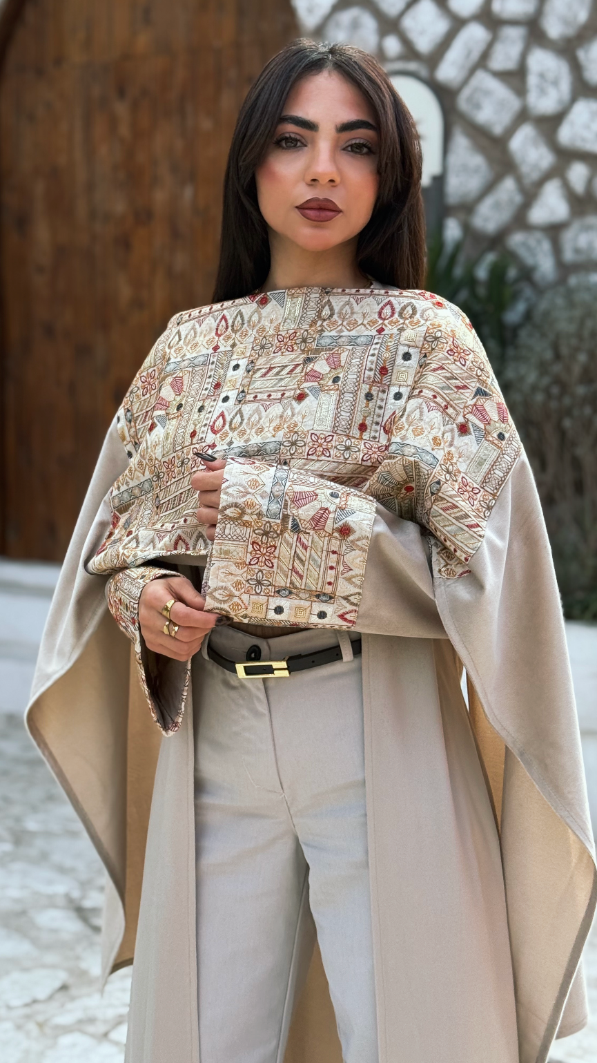 Light beige Elegance Embroided Shawl Kaftan