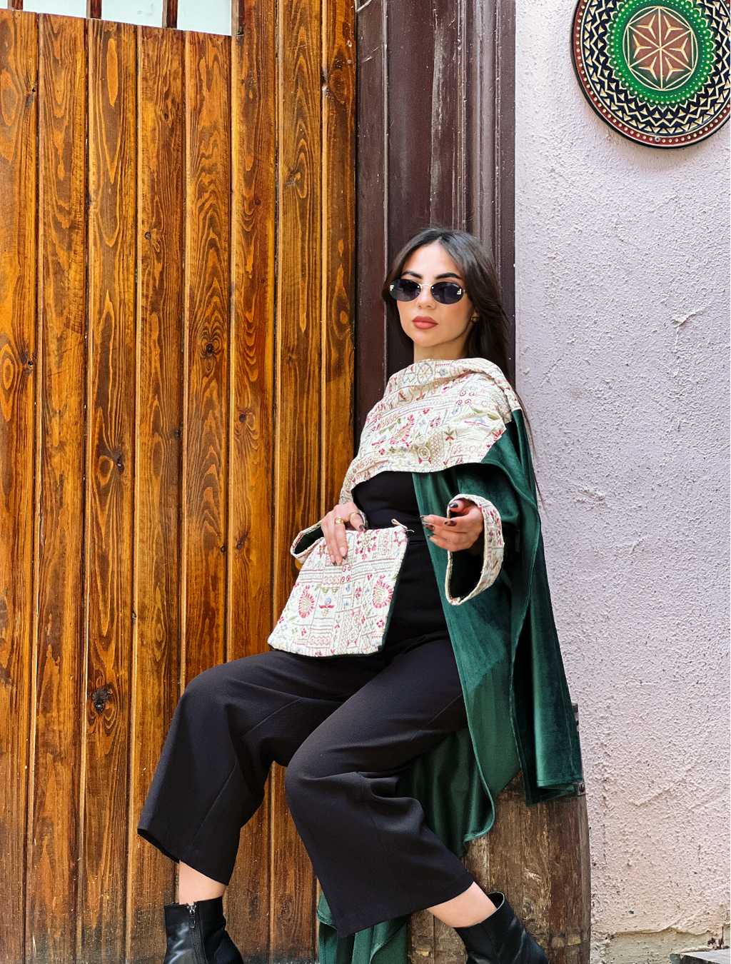 Olive Green Elegance Embroided Shawl Kaftan