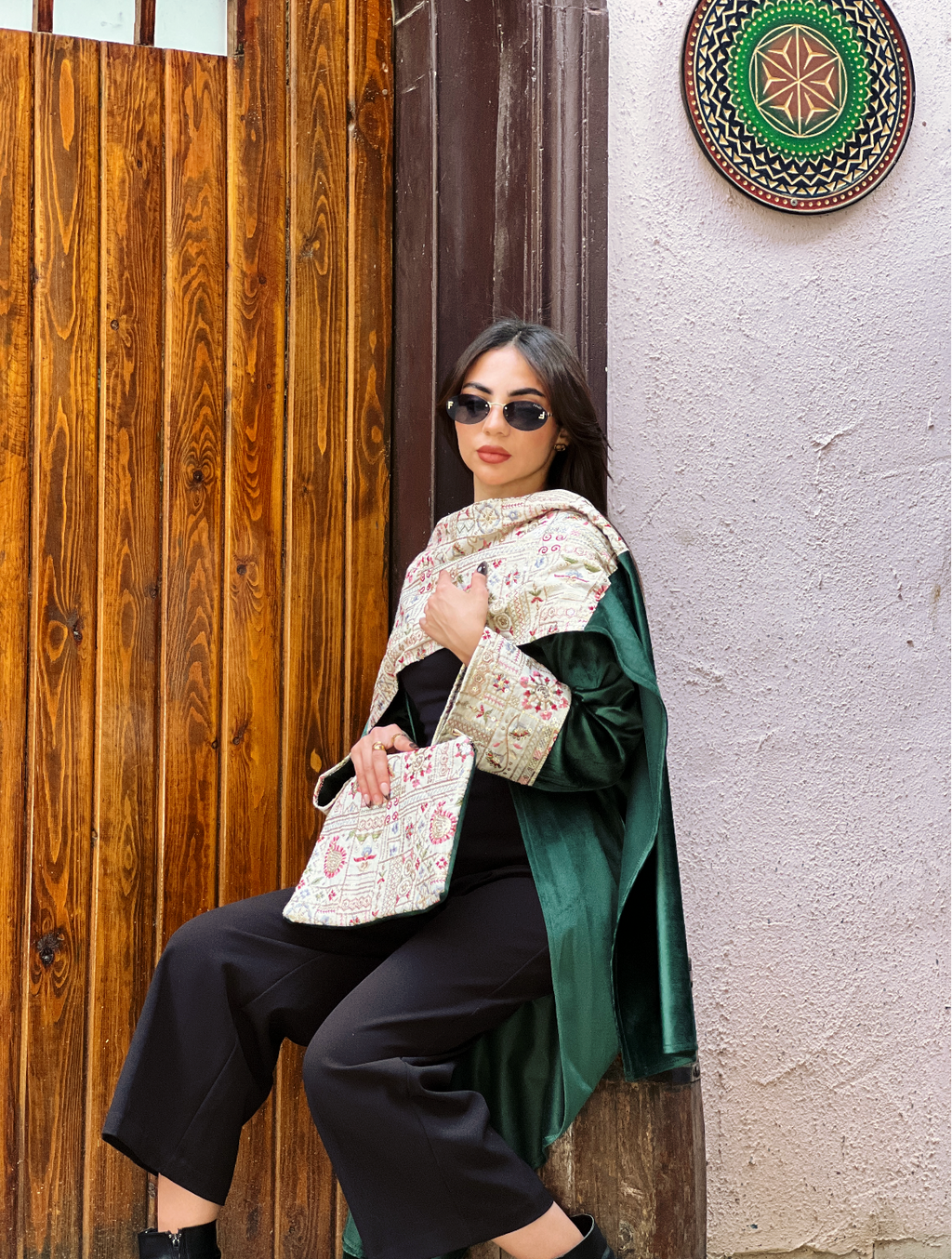 Olive Green Elegance Embroided Shawl Kaftan