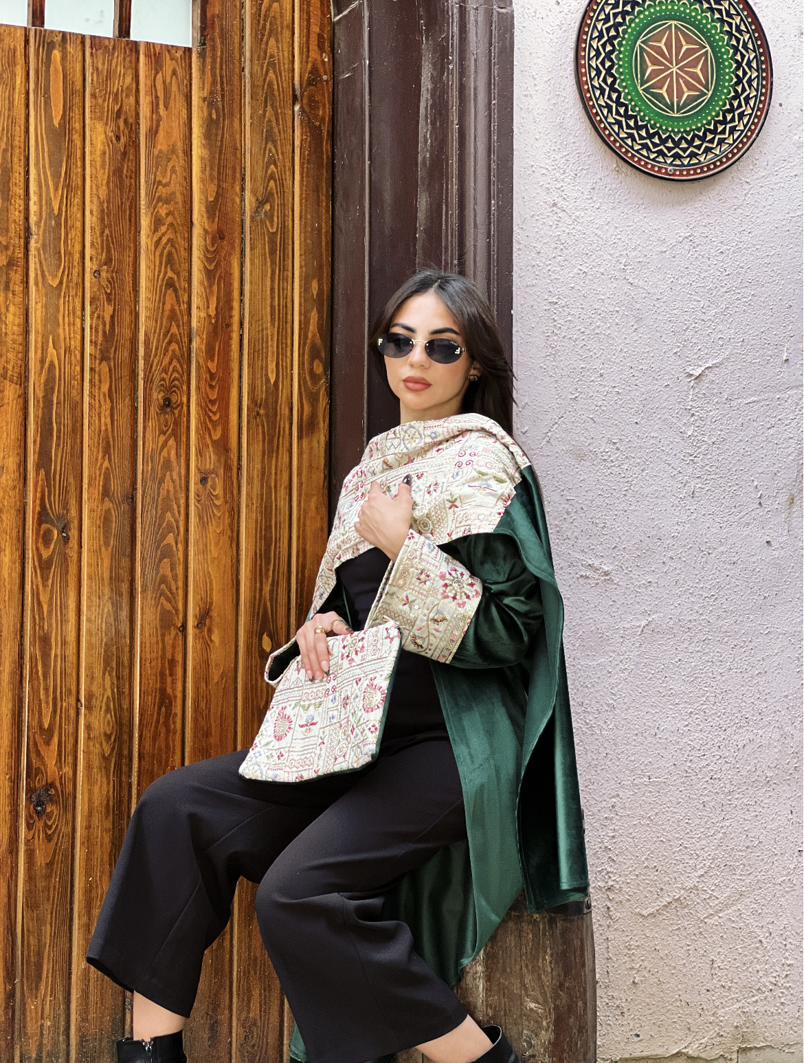 Olive Green Elegance Embroided Shawl Kaftan