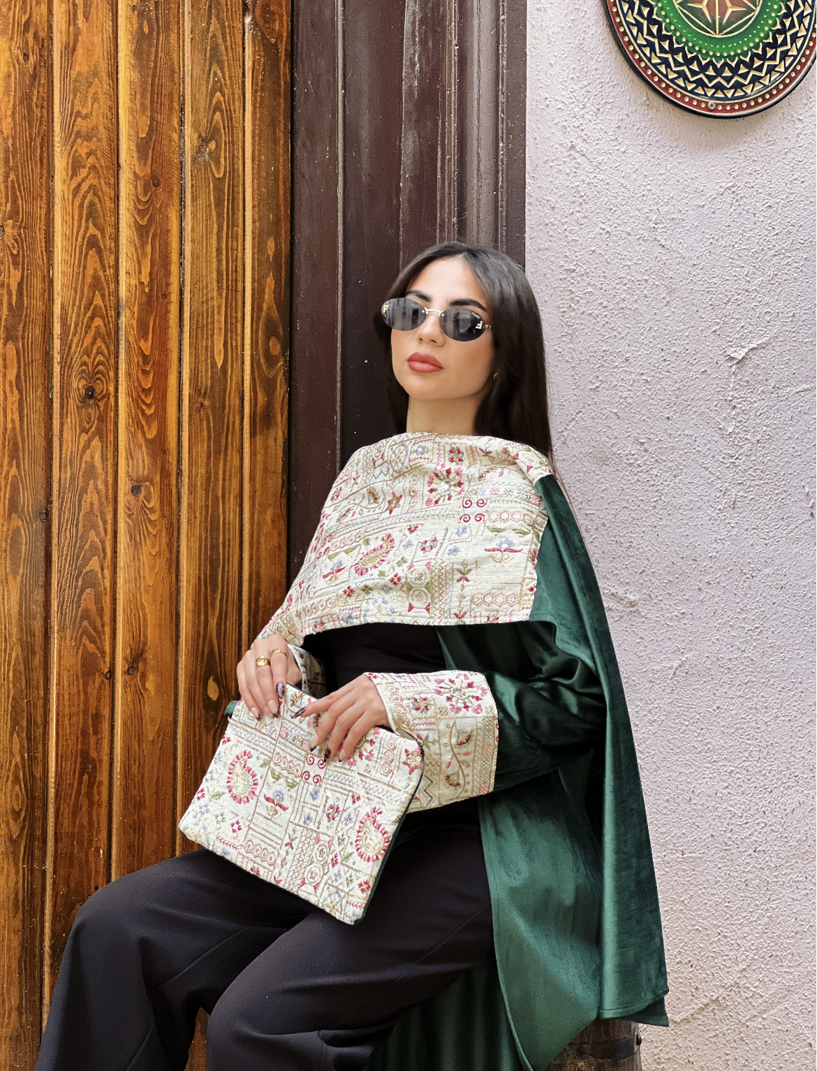 Olive Green Elegance Embroided Shawl Kaftan