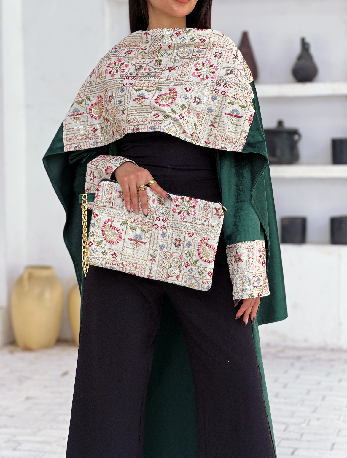 Olive Green Elegance Embroided Shawl Kaftan