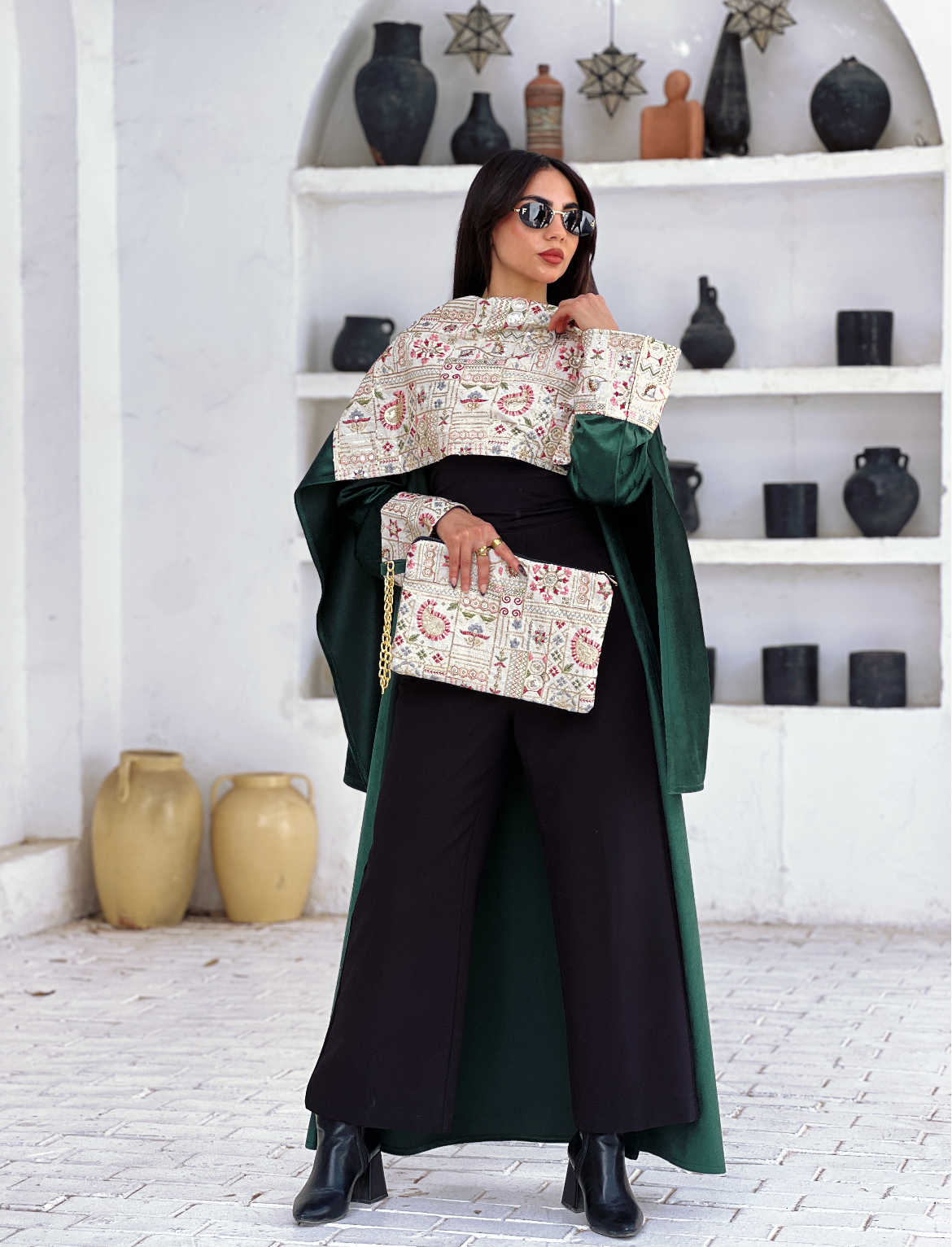 Olive Green Elegance Embroided Shawl Kaftan